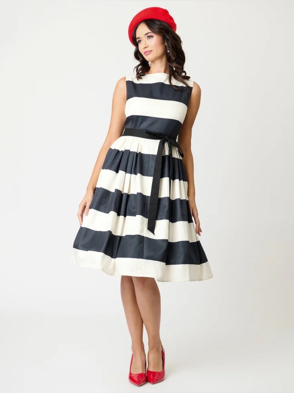 Unique Vintage Black & Ivory Stripe Swing Dress Sleeveless NWT
